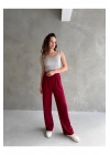 Kadın Bordo Yüksek Bel Krep Kumaş Likralı Rahat Kesim Cırtlı Palazzo Pantolon