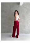 Kadın Bordo Yüksek Bel Krep Kumaş Likralı Rahat Kesim Cırtlı Palazzo Pantolon