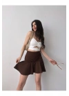 Kadın Kanverengi Esnek Şortlu Volanlı Pileli Viskon Kloş Şort Etek