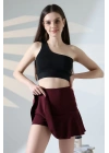 Kadın Bordo Esnek Şortlu Volanlı Pileli Viskon Kloş Şort Etek
