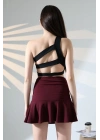 Kadın Bordo Esnek Şortlu Volanlı Pileli Viskon Kloş Şort Etek