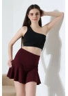 Kadın Bordo Esnek Şortlu Volanlı Pileli Viskon Kloş Şort Etek