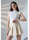 Kadın Bej Fermuarlı Basic Düz Yüksek Bel Piliseli Mini Etek