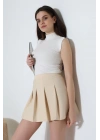 Kadın Bej Fermuarlı Basic Düz Yüksek Bel Piliseli Mini Etek