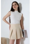Kadın Bej Fermuarlı Basic Düz Yüksek Bel Piliseli Mini Etek