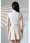 Kadın Bej Fermuarlı Basic Düz Yüksek Bel Piliseli Mini Etek