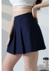 Kadın Lacivert Fermuarlı Basic Düz Yüksek Bel Piliseli Mini Etek