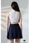 Kadın Lacivert Fermuarlı Basic Düz Yüksek Bel Piliseli Mini Etek