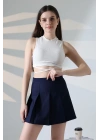 Kadın Lacivert Fermuarlı Basic Düz Yüksek Bel Piliseli Mini Etek