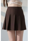 Kadın Kahverengi Fermuarlı Basic Düz Yüksek Bel Piliseli Mini Etek