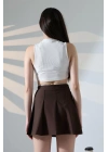 Kadın Kahverengi Fermuarlı Basic Düz Yüksek Bel Piliseli Mini Etek