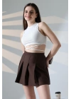 Kadın Kahverengi Fermuarlı Basic Düz Yüksek Bel Piliseli Mini Etek