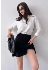 Kadın Siyah Esnek Şortlu Volanlı Pileli Viskon Kloş Şort Etek