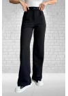 Kadın Siyah Yüksek Bel Krep Kumaş Likralı Rahat Kesim Çift Düğmeli Palazzo Pantolon