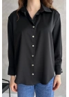 Kadın Siyah Dökümlü Saten Gömlek