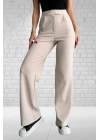 Kadın Bej Yüksek Bel Krep Kumaş Likralı Rahat Kesim Çift Düğmeli Palazzo Pantolon