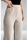 Kadın Bej Yüksek Bel Krep Kumaş Likralı Rahat Kesim Çift Düğmeli Palazzo Pantolon