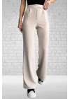 Kadın Bej Yüksek Bel Krep Kumaş Likralı Rahat Kesim Çift Düğmeli Palazzo Pantolon