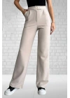 Kadın Bej Yüksek Bel Krep Kumaş Likralı Rahat Kesim Çift Düğmeli Palazzo Pantolon