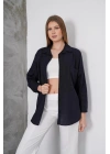 Kadın Siyah Oversize Uzun Keten Gömlek
