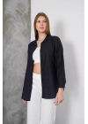 Kadın Siyah Oversize Uzun Keten Gömlek