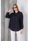 Kadın Siyah Oversize Uzun Keten Gömlek