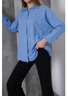 Kadın Mavi Oversize Uzun Keten Gömlek