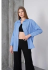Kadın Mavi Oversize Uzun Keten Gömlek