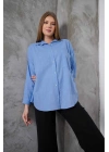 Kadın Mavi Oversize Uzun Keten Gömlek