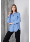 Kadın Mavi Oversize Uzun Keten Gömlek