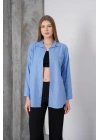Kadın Mavi Oversize Uzun Keten Gömlek