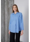 Kadın Mavi Oversize Uzun Keten Gömlek