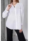 Kadın Beyaz Oversize Uzun Keten Gömlek