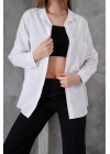 Kadın Beyaz Oversize Uzun Keten Gömlek