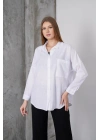 Kadın Beyaz Oversize Uzun Keten Gömlek