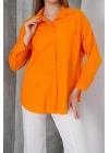 Kadın Turuncu Oversize Uzun Keten Gömlek