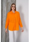 Kadın Turuncu Oversize Uzun Keten Gömlek