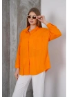 Kadın Turuncu Oversize Uzun Keten Gömlek