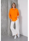 Kadın Turuncu Oversize Uzun Keten Gömlek