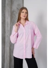 Kadın Pembe Oversize Uzun Keten Gömlek