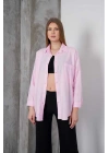 Kadın Pembe Oversize Uzun Keten Gömlek