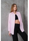 Kadın Pembe Oversize Uzun Keten Gömlek