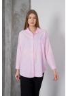 Kadın Pembe Oversize Uzun Keten Gömlek