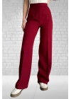 Kadın Bordo Yüksek Bel Krep Kumaş Likralı Palazzo Pantolon