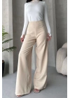 Kadın Ecru Yüksek Bel Geniş Kesim Pantolon