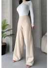 Kadın Ecru Yüksek Bel Geniş Kesim Pantolon