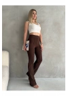 Kadın Kahverengi Büyük Beden Krep Kumaş Likralı Ön Çimalı İspanyol Paça Pantolon
