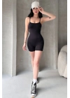 Kadın Siyah Sırt Dekolteli Çapraz Bant Askılı Dar Kesim Toparlayıcı Yoga Pilates Tayt Spor Tulum