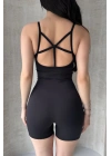 Kadın Siyah Sırt Dekolteli Çapraz Bant Askılı Dar Kesim Toparlayıcı Yoga Pilates Tayt Spor Tulum
