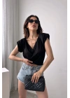Siyah Vatkalı Degaje Yaka Buzzy Bluz